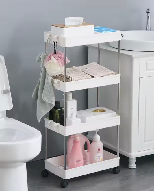 Organizator de baie cu 4 etaje – alb, cu roți, ordine și confort